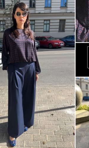 Mėlynos vilnos dryžuotos kelnės su dviguba kloste