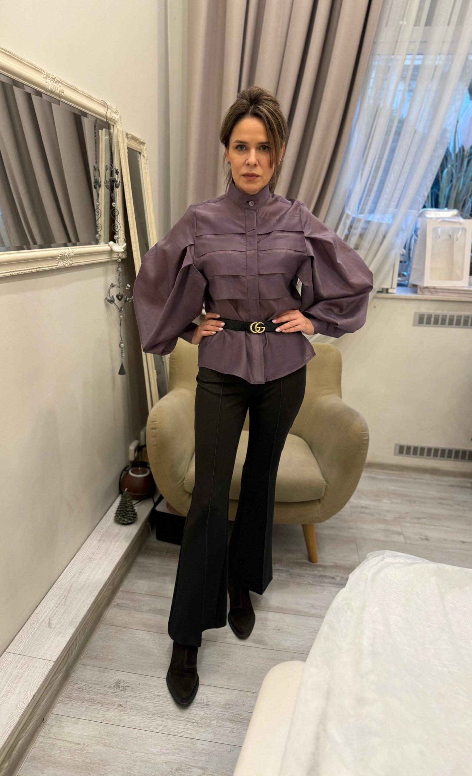 Tencelio klostuoti marškiniai violetinės(baklažano) spalvos