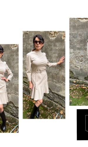 Kreminės spalvos suknelė stilinga apykakle